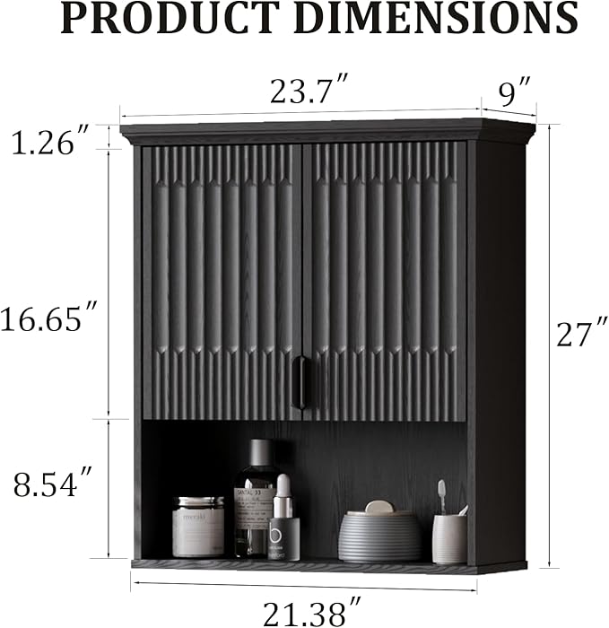 FLOWBACK BlackBathroom Wall Cabinet Over The Toilet Storage, 23.5×31.4 Inch Wall Mounted Medicine Cabinet for Bathroom with Adjustable Shelf and Door, Wood Cabinet for Laundry Room, Bedroom Kitchen