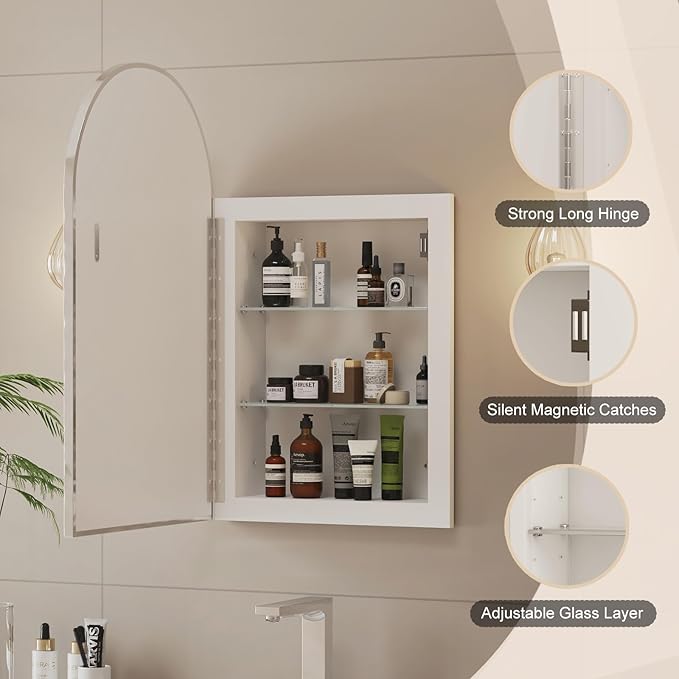 Arched Medicine Cabinet with Mirror,Recessed Medicine Cabinet Mirrors for Bathroom Mirror with Storage,Brushed Nickel Arched Metal Edge,14x18