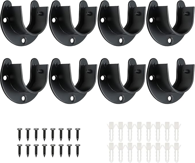 8 Packs Stainless Steel Closet Rod End Supports 1 Inch Wardrobe Bracket Heavy Duty Closet Pole Sockets Flange Rod Holder, U-Shaped with Screws, Black