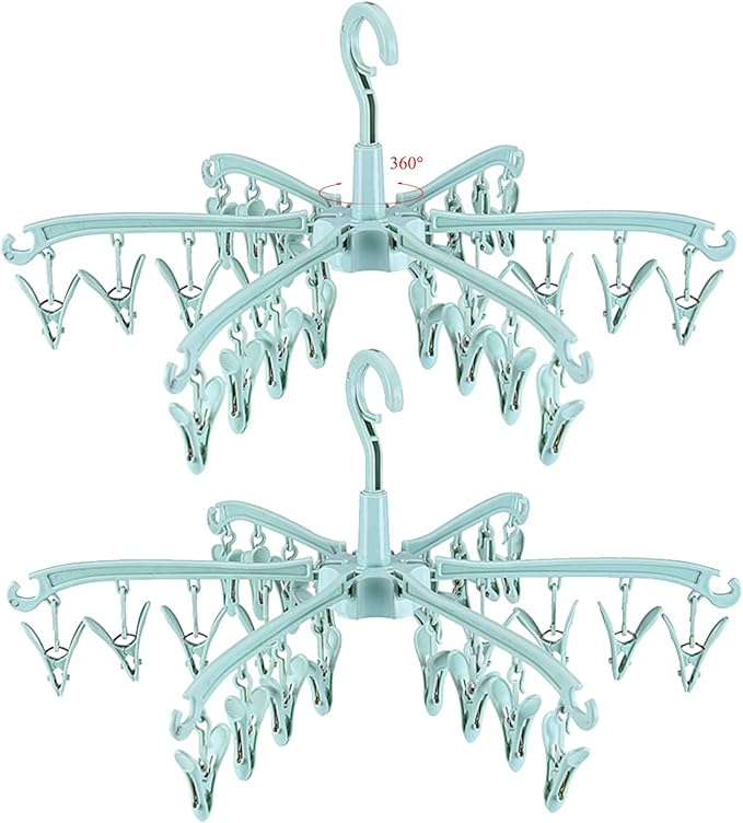 Foldable Drying Rack with 24 Clips for Drying Socks Lingerie Baby Clothes Drying Towels Rotatable Sock Drying Rack 2pcs (Green)