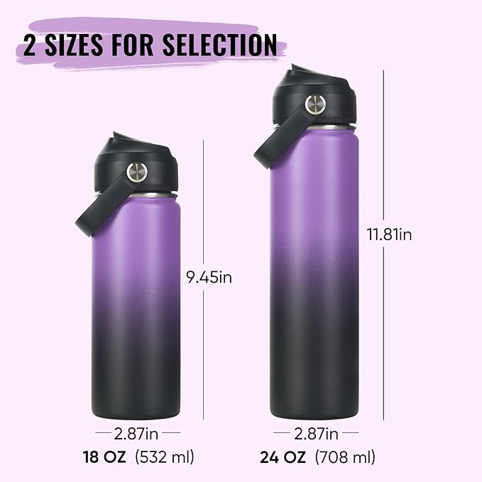24oz Insulated Stainless Steel Water Bottle, Wide Mouth Double Wall Vacuum, Silicone Straw, Sweat & Leak Proof, BPA Free Insulated Water Flask for Travel, Purple & Black