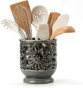 Farmhouse Kitchen Utensil Holder for Countertop, Ceramic Large Cooking Utensil Crock with Cork Mat, Decorative Rustic Utensil Holder for Kitchen Counter, Hollow Carving Flower, Gray