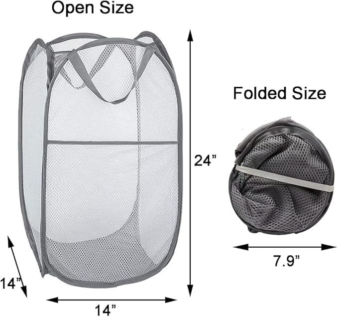 2 Pack Pop Up Laundry Hampers, Collapsible Mesh Laundry Basket, Foldable Clothes Hampers for Bathroom, College Dorm, Travel (Grey)