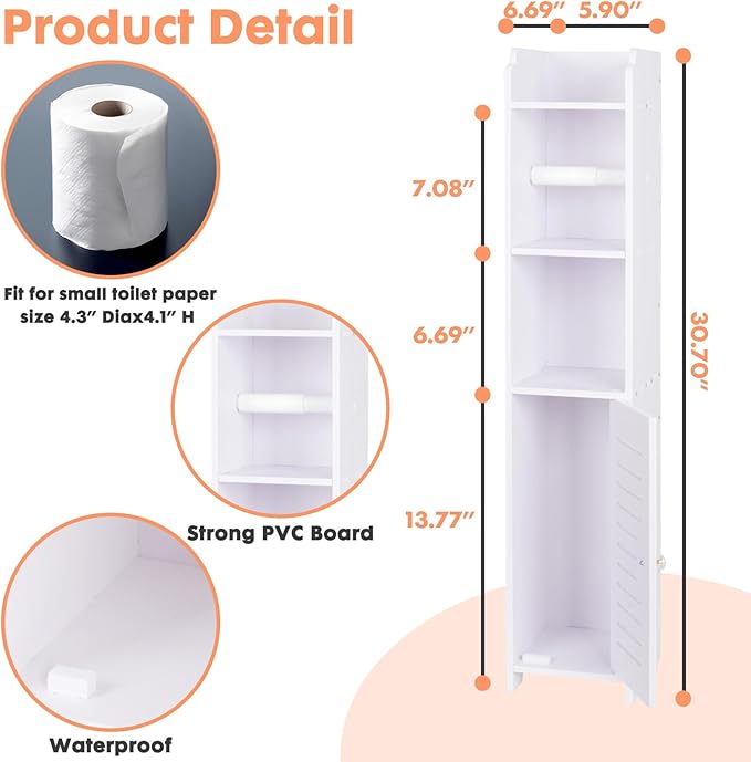 LuiceABC Toilet Paper Holder Stand, Over The Toilet Storage Cabinet for Bathroom, Slim Corner Shelf for Small Space Storage, Small Bathroom Storage Cabinet with Toilet Roll Holder & Door - White
