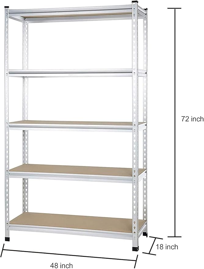 Amazon Basics 5-Tier Medium Duty Garage Shelving Unit, Sturdy Adjustable Storage Shelves, Easy to Assemble, 48" x 18" x 72", Aluminum