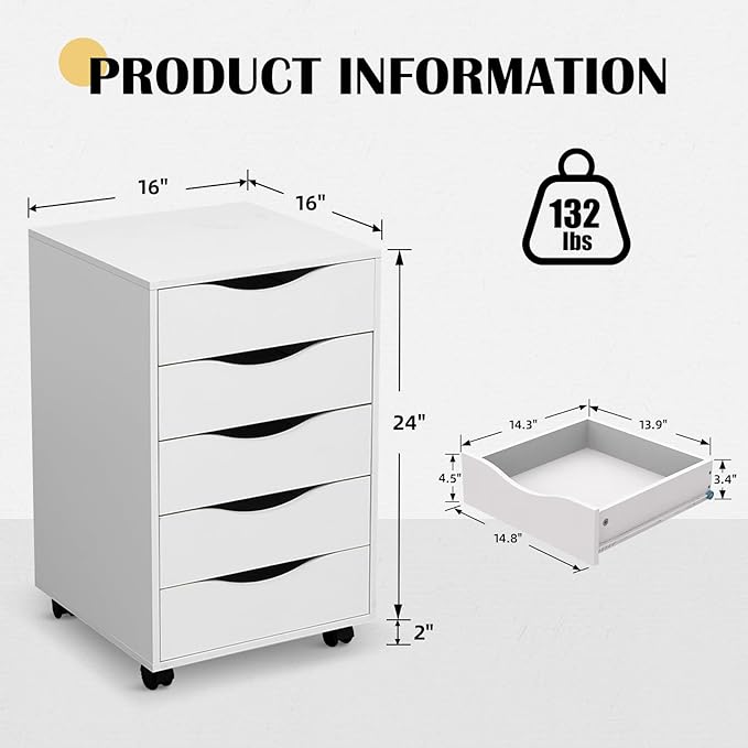 QDSSDECO 5 Drawer Chest Wood File Cabinet Rolling Storage Dresser with Wheels for Home Office, White