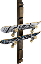 MyGift Modern Wall Mounted Rustic Burnt Solid Wood Skateboard Display Rack, Hanging Longboard Storage Organizer with Diagonal Cutout Slots, Holds 6 Boards