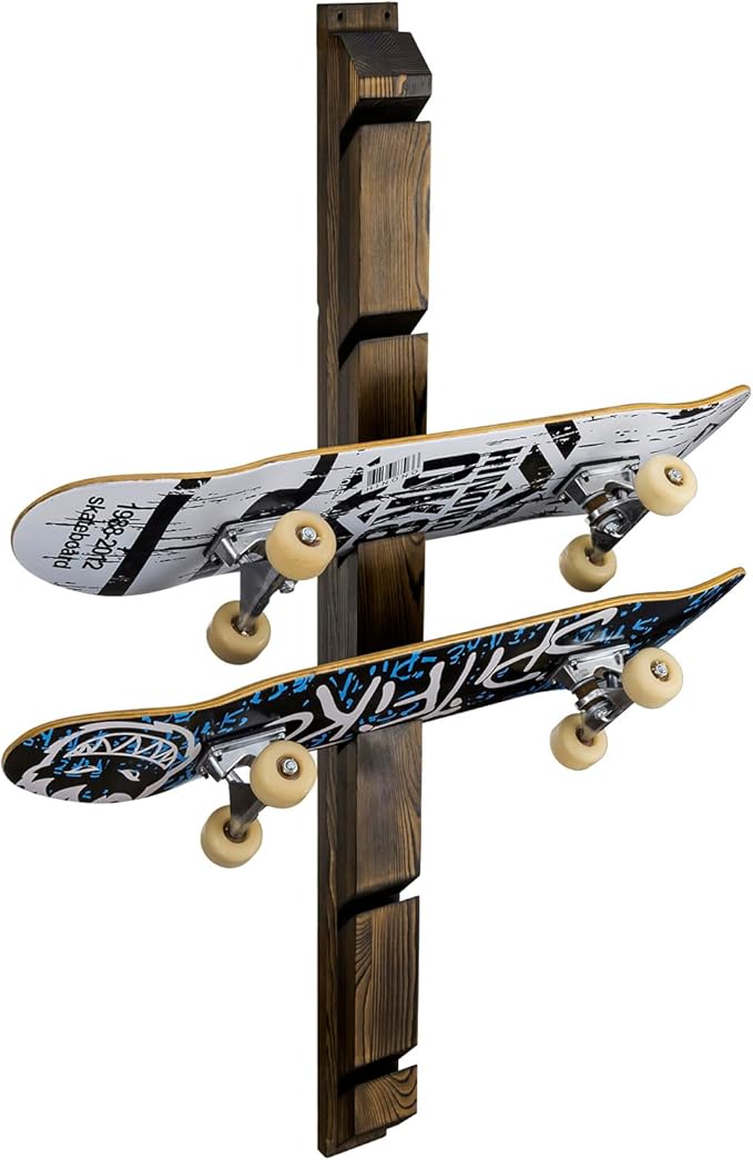 MyGift Modern Wall Mounted Rustic Burnt Solid Wood Skateboard Display Rack, Hanging Longboard Storage Organizer with Diagonal Cutout Slots, Holds 6 Boards