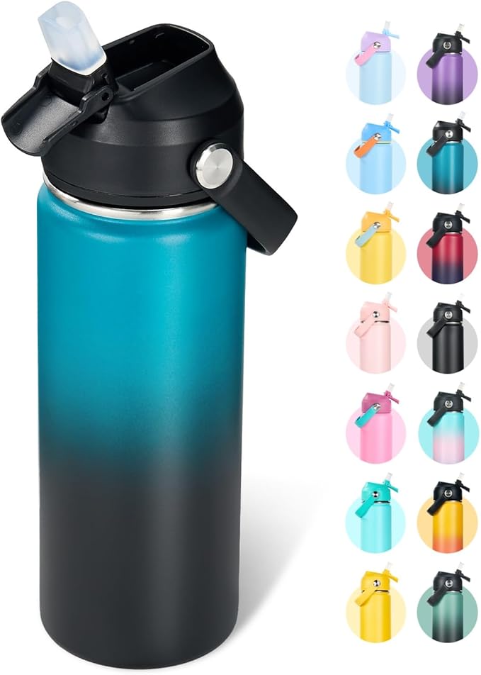 18oz Insulated Stainless Steel Water Bottle, Wide Mouth Double Wall Vacuum, Silicone Straw, Sweat & Leak Proof, BPA Free Insulated Water Flask for Travel, Keep Cold 24h Hot 12h, Blue
