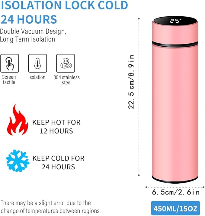 Smart Water Bottle Stainless Steel Vacuum Flask,Travel Mug with Smart LCD Touch Screen, Keep Hot Or Cold, Car Portable Travel Tea Coffee Vacuum Thermo Cup,Insulated Water Bottle (Pink)
