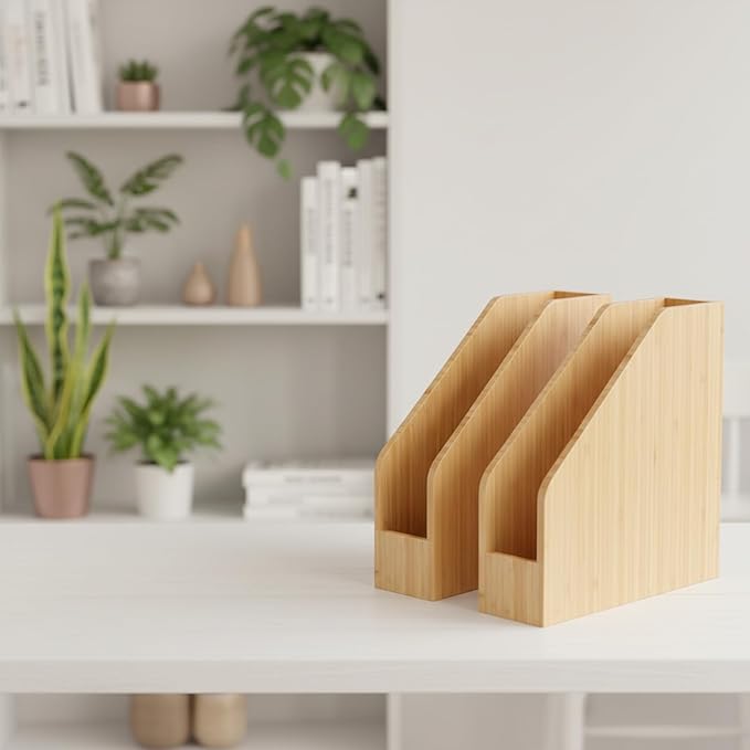 2 Pack Bamboo File Folder Holder Book Holder Frames Document Cabinet Rack Storage Organizer Small Magazine Shelf for Home ,Office