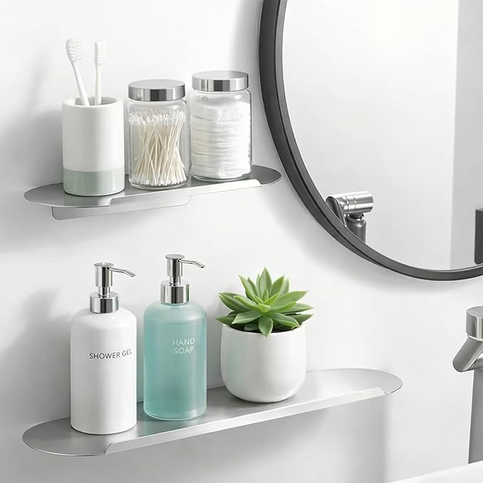 Stainless Steel Bathroom Floating Shelf, Wall Mounted Metal Shelf 19.6 Inch, Modern Minimalist Narrow Storage Shelf for Bathroom, Brushed Silver, Rust Resistant