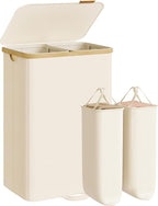 SONGMICS Laundry Hamper, Laundry Sorter with Lid, Storage Basket Bin, Removable Liners, Bamboo Frame, for Bedroom, 2 Sections, 39.6 Gal. (150 L), Cream White ULCB532WD01