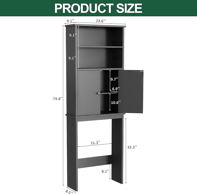 Walsunny Over The Toilet Storage Cabinet, Bathroom Organizer with Open Shelves and Double Doors, Space Saving Toilet Storage, Gray