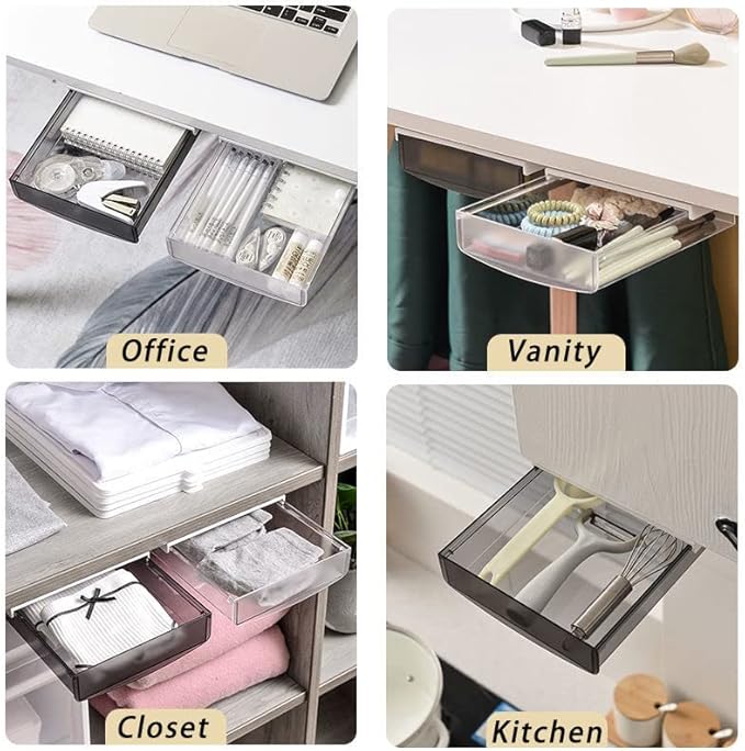 SOUJOY 3 Pack Under Desk Drawer, Self-Adhesive Slide Out Organizer Tray, Plastic Under Table Attachable Hidden Storage Organizer for Office Home School Kitchen Sewing Table