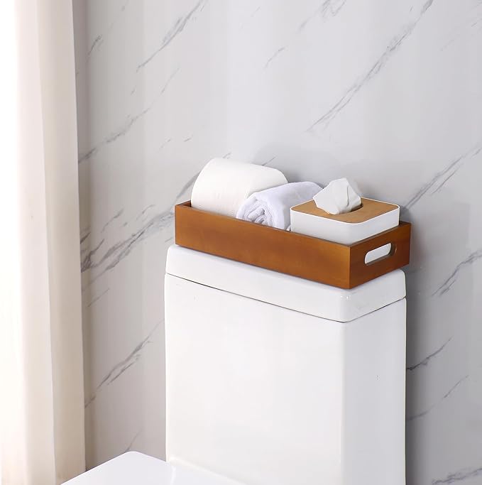 Bathroom Decor Box,Wooden Toilet Tank Topper Basket Tray,Back of Toilet Basket for Paper Storage Bathroom Counter Organizer (Brown, 13.1 * 6.2 * 2.5in)