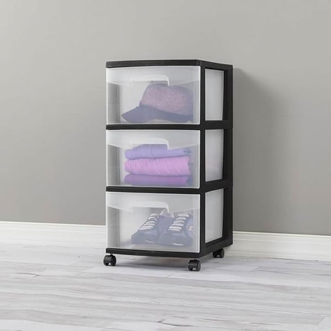 Sterilite 6 Pack Plastic Storage Organizer, 3 Drawer Rolling Bin Cart, Closet Organization, Black