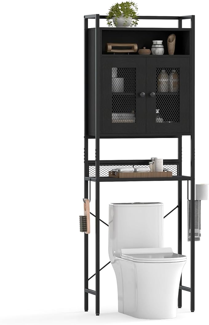 Tangkula Over The Toilet Storage Cabinet, 5-Tier Space Saver Above Toilet with 2 Mesh Doors, Metal Stand, Toilet Paper Holder & Hook, Freestanding Bathroom Cabinet Organizer for Laundry, Black