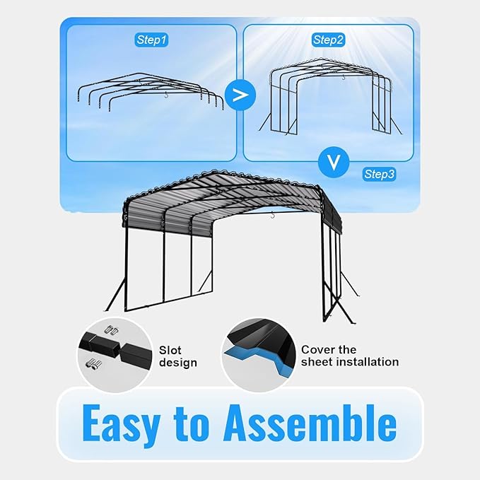 10x15FT Metal Carport, Heavy Duty Carport with Reinforced Frame & Side Support Poles for All-Weather, Outdoor Car Port Suitable for Parking Pickup, Boat, Car, and Tractor