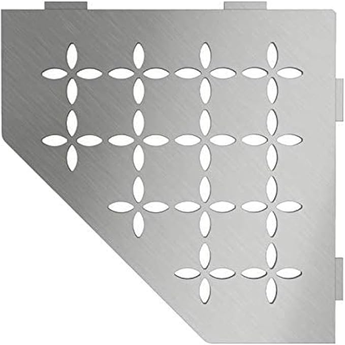 Schluter Pentagonal Corner Shelf for Tiled Walls - Floral Design, Stainless Steel Material, Brushed Stainless Steel Finish, 3/32" Thick Anchoring Tabs - SES2D5EB