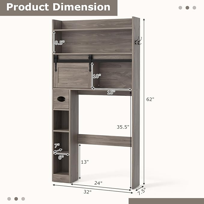 Giantex Over The Toilet Storage Cabinet, Farmhouse Space Saver with Sliding Door, Toilet Paper Holder, Side Hooks & Adjustable Shelves, Over Toilet Bathroom Organizer for Laundry, Restroom (Grey)