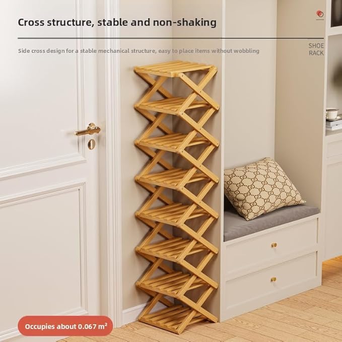 Bamboo Shoe Rack Organizer, 2-10 Tiers, Natural or Tea Color, No-Tool Assembly, Foldable Storage Shelf (No Installation 9 Layer 30-Tan)
