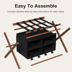 Bamboo Luggage Rack For Guest Room with 4 Storage Compartments, Foldable Suitcase Stand for Guest Room, 150lbs Capacity, Sturdy, Space-Saving and Easy to Assemble Organizer
