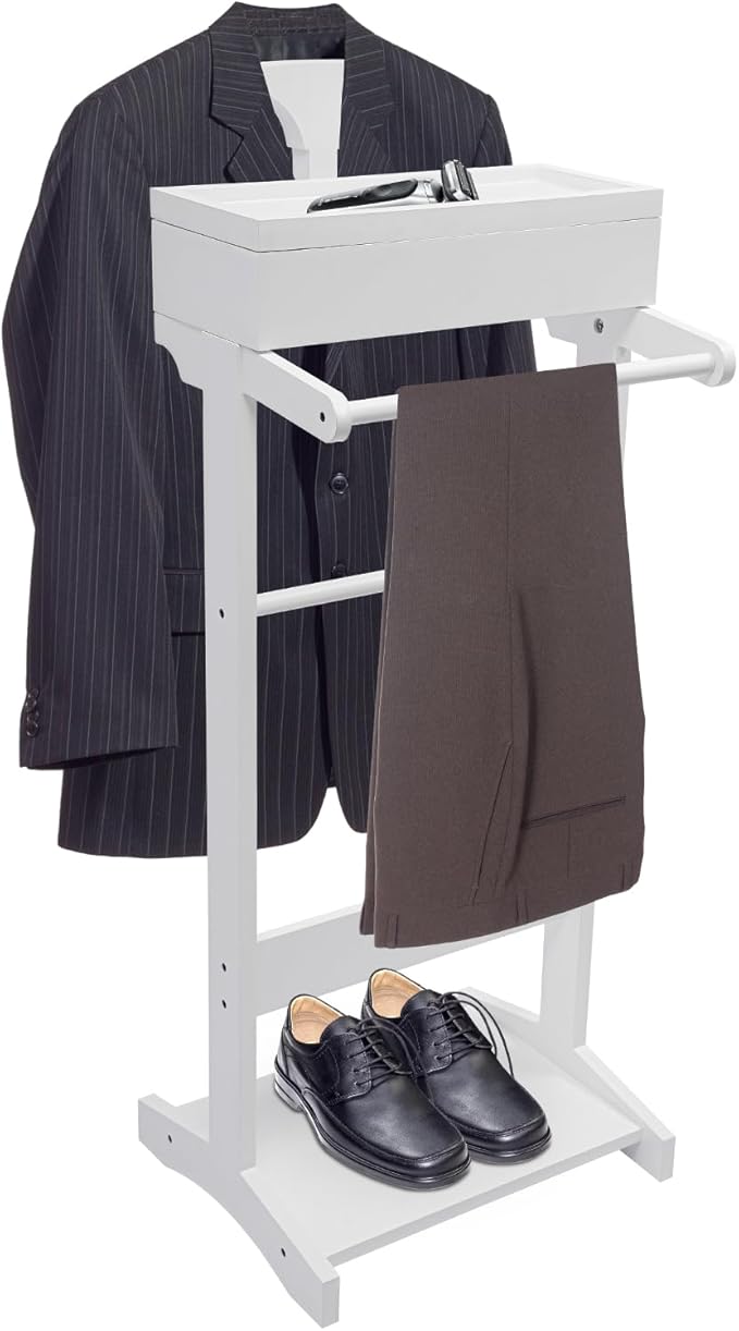 Clothing Rack with Top Tray,Tall Closet Storage Organizer Suit Valet Stand for Man,Steamer Stand Dresser Hat Holder,Tie & Belt Hooks and Shoe Rack for Entryway Office Living Room (white)