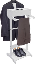 Suit Valet Stand, Clothes Stand with Top Tray Velvet-Lined Jewelry Storage & Shoe Rack, Freestanding Clothing Valet Stand Suit Rack for Storing Men & Women's Suit Pant Tie Belt Shoes Watches Jewelry