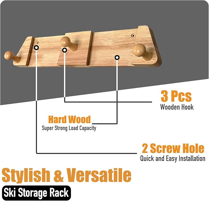 Tuiiopoli Ski Rack with 3 Wood Hook - Minimalist Oakwood Style Snowboard Wall Mount Storage Damage-Free Modern Floating Display Hanger for Home Garage Longboard Holder Vertical
