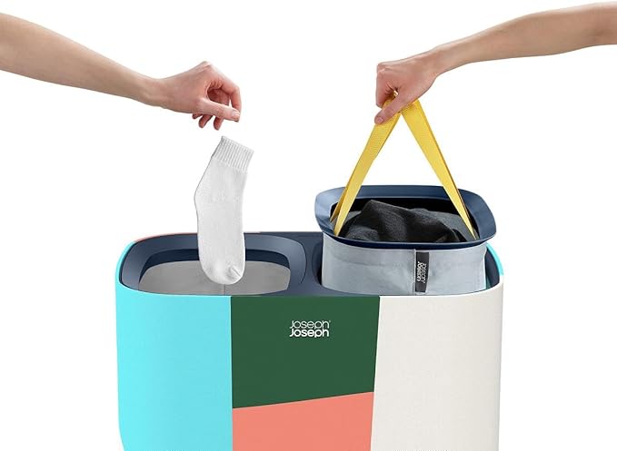 Joseph Joseph Tota 90 liter/23.8 gallon Laundry Hamper Separation Basket with lid, 2 Removable Washing Bags with Handles - Multicolor
