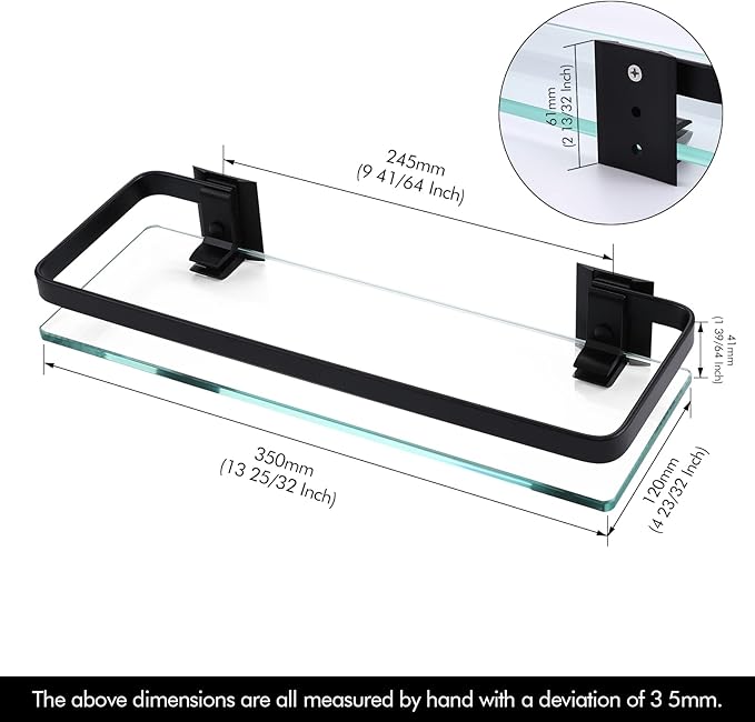 KES Bathroom Glass Shelf, Glass Floating Shelves Aluminum Black Extra Thick Tempered Rectangular 1 Tier Basket Wall Mounted, 2 Pack, A4126A-BK-P2