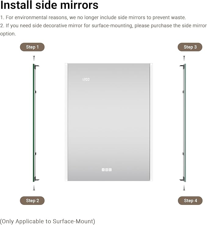Side Mirrored Kits, 4'' W x 30'' H Decorative Side Mirrors Set of 2 for 30-Inch-Height Acrylic Smart Lighted Mirror Cabinet Surface-Mounting-Use Only (for Model-Aura)