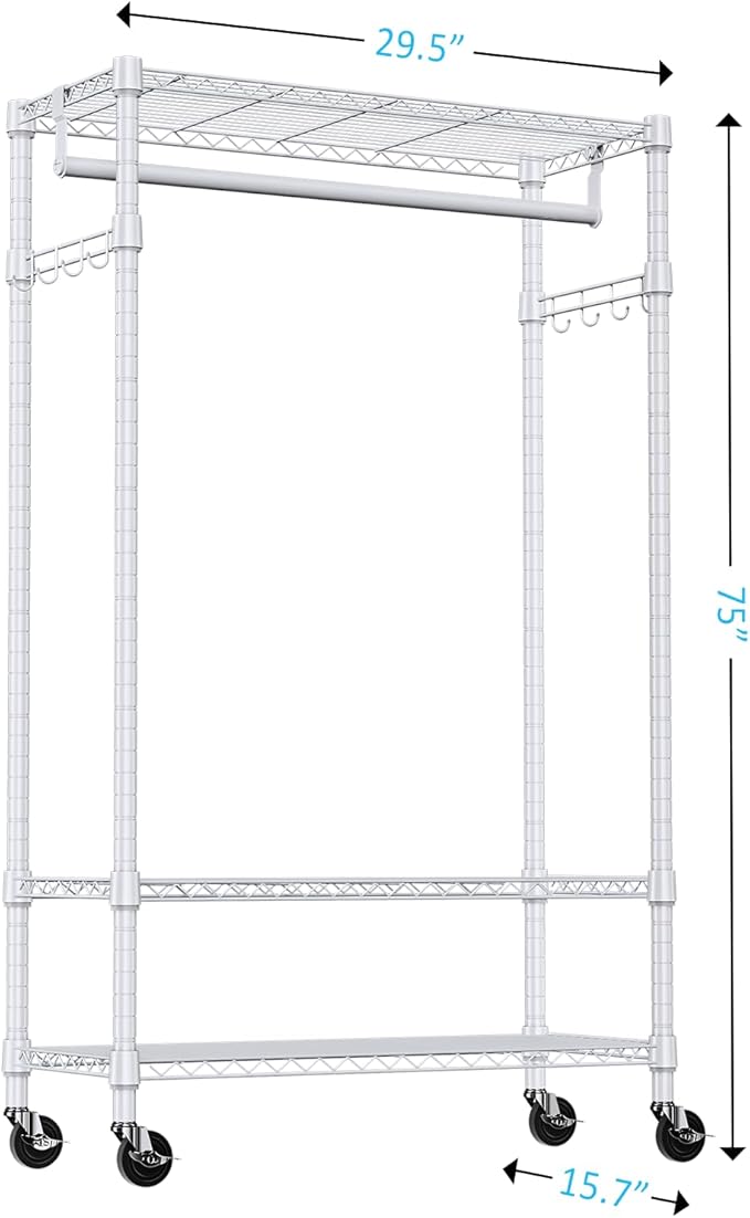 IZEUK Heavy Duty Rolling Garment Rack Wire Clothes Rack for Hanging Clothes (White, 3 Tier with 2 Rod, 29.5" W x 15.7" D x 75" H)