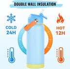 24oz Insulated Stainless Steel Water Bottle, Wide Mouth Double Wall Vacuum, Silicone Straw, Sweat & Leak Proof, BPA Free Insulated Water Flask for Travel, Keep Cold 24h Hot 12h, Cerulean