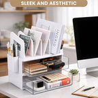 Acrylic Desk Organizer with Drawer and Vertical File Holder, Desk Organizers and Accessories, Multi-Functional Office Supplies Organizer for Home or Work Desk, White