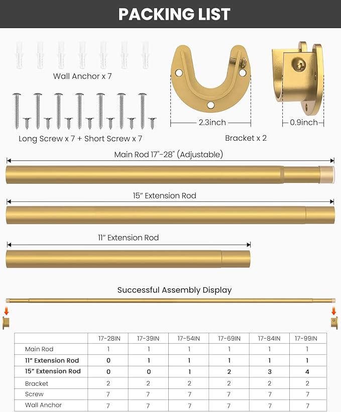 Closet Rods for Hanging Clothes, 17 to 69 Inches Stepless Adjustable Metal Closet Rod, 1.3 Inches Heavy Duty Clothes Hanging Rod for Closet Wardrobes Laundry RV, Golden