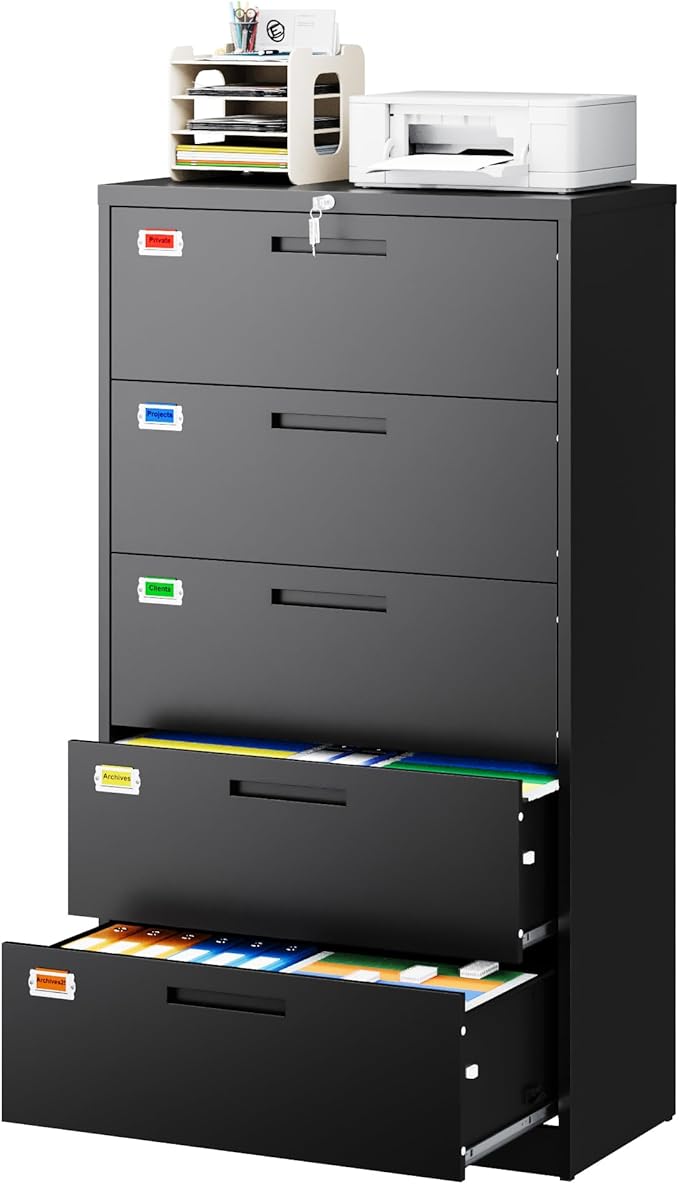 5 Drawer File Cabinet, Lateral Filing Cabinets for Home Office, Office Storage Drawers with Lock, Hanging Files Legal/Letter A4 Size (Assemble Required,Black)