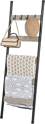 HOOBRO Blanket Ladder, 5-Tier Towel Rack with Hooks, Wall-Leaning Blanket Rack, Decorative Display Ladder Shelf, Scarves, Industrial, Living Room, Bedroom, Greige and Black BG52CJ01