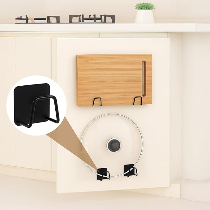 Under Cabinet Cutting Board Holder – 12 Pack Pot Lid & Chopping Board Organizer Rack, Stainless Steel Adhesive Storage for Kitchen Cabinets & Counter, No Drilling Required (Black)