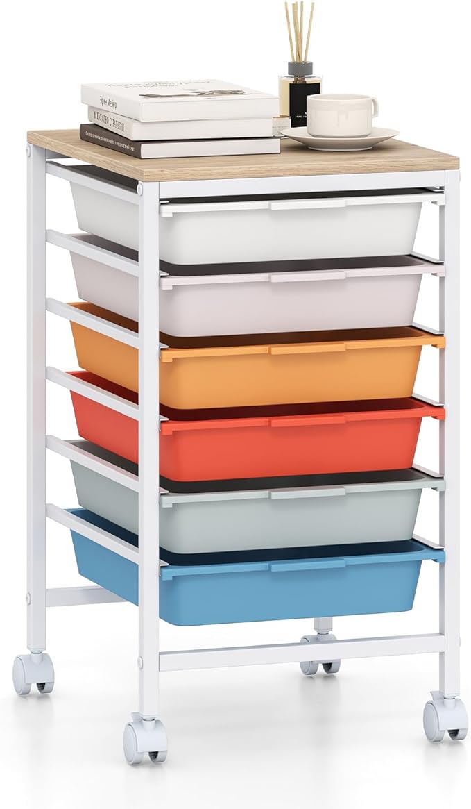 GOFLAME 6-Drawer Rolling Storage Cart, Craft Storage Cart with Wooden Tabletop and Lockable Wheels, Art Cart Supply Storage Organizer with Metal Frame for Home Office Classroom, Macaron Color
