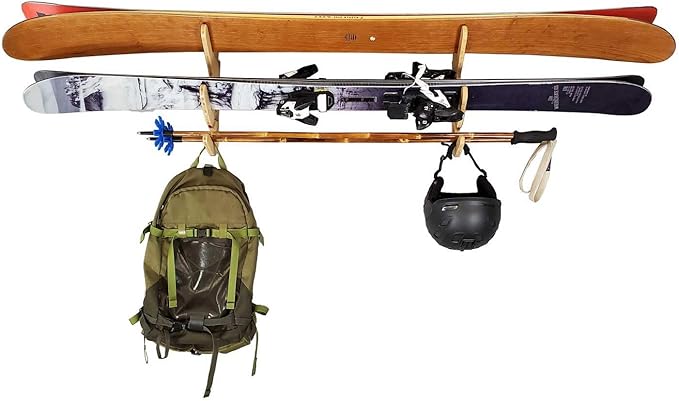 Grassracks Bamboo Ski Rack - Garage or Indoor Ski Display Rack Hallsteiner Series Indoor Horizontal Ski Wall Mount (1 or 2 Pairs of Skis, Bamboo)