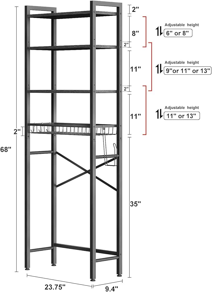Over-The-Toilet Storage Rack, 4-Tier Bathroom Organizer Shelf Over Toilet with Adjustable Shelf and Basket, Freestanding Space Saver Bathroom Shelves Above Toilet for Room (Pure Black)