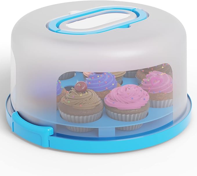 Cake Cupcake Carrier with Lid and Handle + Cake Stand Plate with Dome | 10" Round Cake Container Holder with Cover | Plastic Pie Carrier Cake Storage Container | Bunt Keeper Platter Tray for Transport