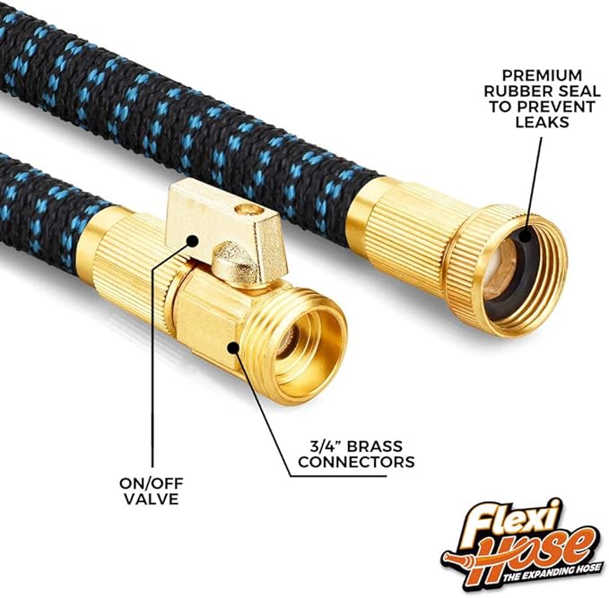 Flexi Hose Expandable Garden Hose with 8 Function Nozzle, 75FT - Lightweight Retractable Garden Hose, Water Hose - No-Kink Flexibility, 3/4 Inch Solid Brass Fittings and Double Latex Core