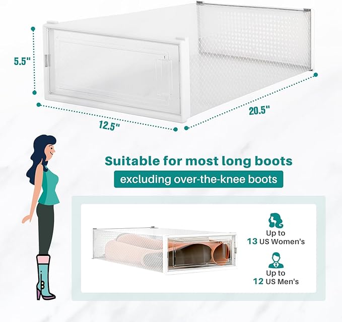 PARANTA 6-Piece Boot and Shoe Storage Box, Stackable Clear Plastic Shoe Box, Space-Saving Shoe Organizer for Boots, Sneakers, and High Heels, Clear
