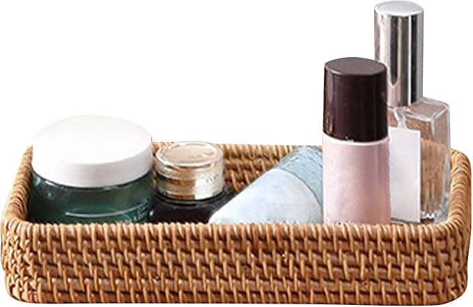8in Rattan Bathroom Vanity Tray, Vintage Storage Basket Bin Toilet Paper Basket Small Narrow Guest Towel Napkin Holder for Bathroom Toilet Tank Vanity Countertop(Color:Brown)