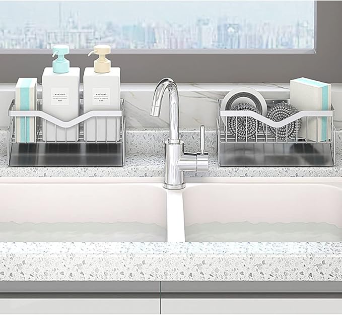 Kitchen Sink Caddy Sponge Holder, Quick Draining, SUS 304 Stainless Steel Sponge Organizer, Basket for Cleaning and Scrub Tool, Kitchen Sink Brush Caddy Holder
