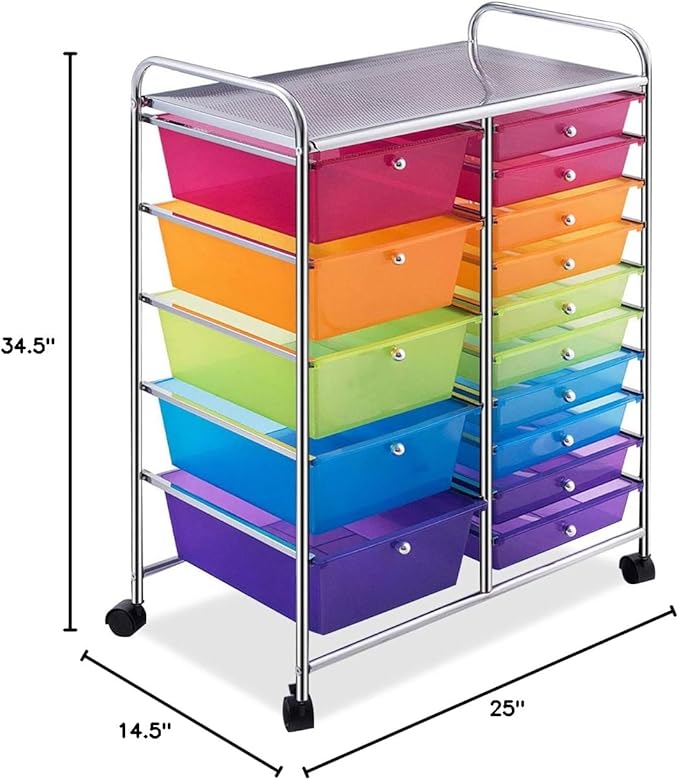 RELAX4LIFE 15 Drawer Rolling Storage Cart, Mobile Drawer Carts for Craft Art Supply Paper Salon, Utility Cart on Wheels for Classroom Teacher School Office, Rolling Cart with Drawers (Color)