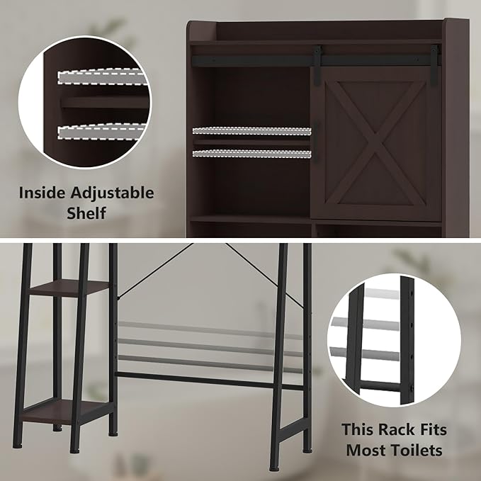 Over The Toilet Storage Cabinet, Farmhouse Storage Cabinet Over Toilet with Sliding Door & Toilet Paper Holder Stand，Home Space-Saving Toilet Rack, for Bathroom, Restroom, Laundry.Espresso